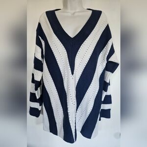 Navy and White Striped V-Neck Sweater Long Sleeves Modern Design